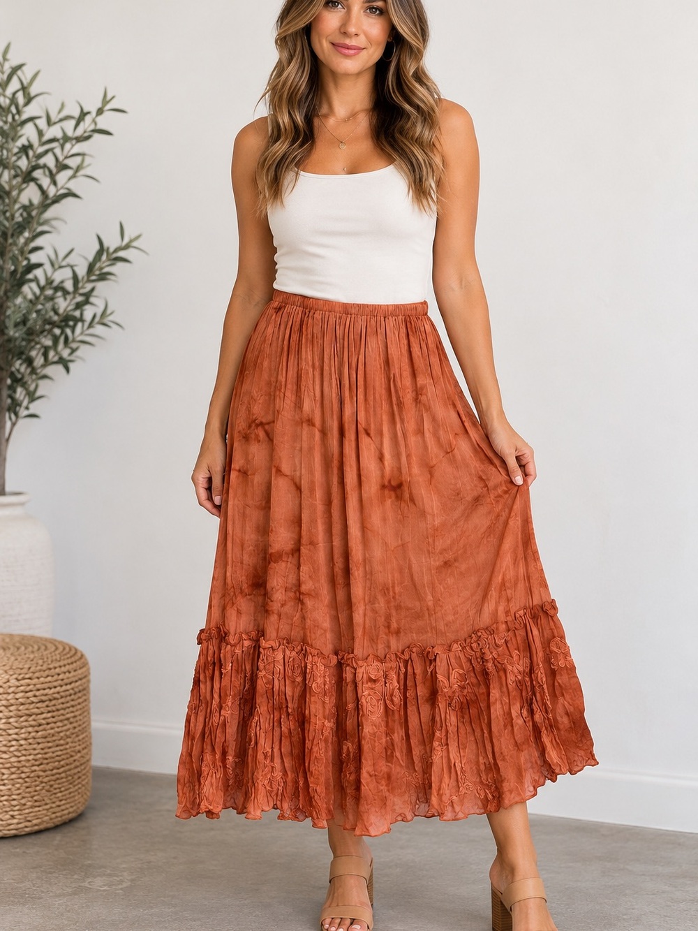 Chico’s Size 0 Orange Rust Boho Tiered Maxi Skirt
